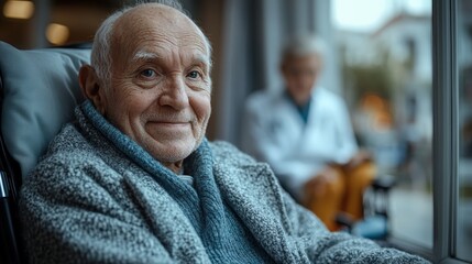 Elderly man in a wheelchair engaging with doctor near hospital window setting