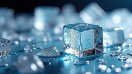 Fresh ice cubes melting with water droplets on a reflective blue surface	