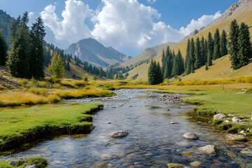 Obraz premium Kyrgyzstan'ın Sakin Doğası: Dağlar, Bozkır ve Gökyüzü Altında Huzur