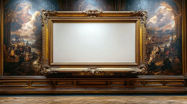 Empty gold frame in museum gallery with historic murals background