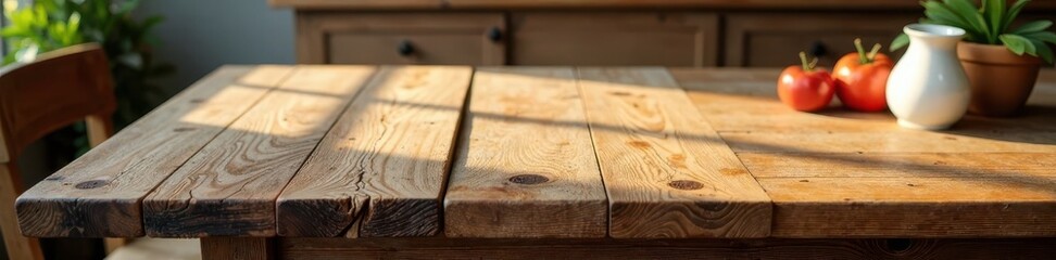 Rustic farmhouse kitchen table, wood grain prominent, table, home