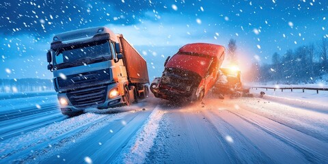 Two trucks are involved in a dangerous accident on a snowy highway at night, highlighting the risks of winter driving conditions and the importance of road safety