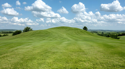 Rolling green hill, summer sky, farmland background, nature landscape