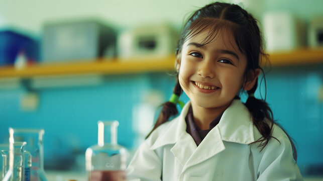 Smiling mixed race school student studying chemistry in a science lesson. Inclusive education. Women's day. Ambitious hispanic girl learning medicine wearing a white lab coat