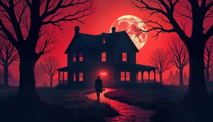 Silhouette of person walks toward spooky old house. Red sky, big moon over dark trees. Vintage horror movie poster style. Retro 80s design. Haunted house. Scary atmosphere. Suspenseful scene.