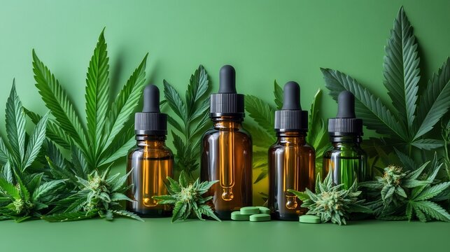 Medical cannabis products showcased CBD oil dropper bottles green capsules and vibrant cannabis leaves arranged on a soft green background Highlighting alternative medicine and wellness