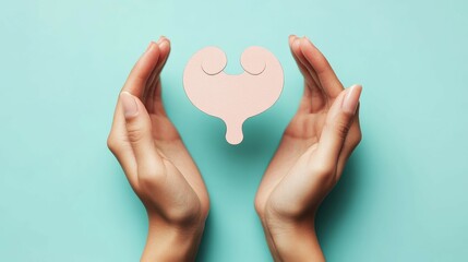 Obraz premium Hands cradling an outline of the human bladder against a soft blue backdrop