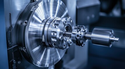 A modern industrial lathe machine in operation on a deep navy background.