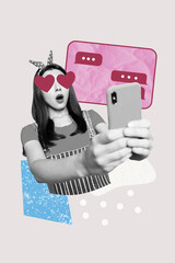 Composite trend artwork sketch image photo collage of valentine day holiday love young lady heart eyes omg face staring smartphone blogger