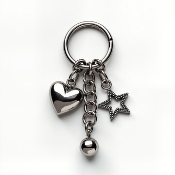 Shiny silver keychain with heart and star charms. Metal chain connects charms to keyring. Simple white background. Stylish accessory. Perfect gift for someone special.