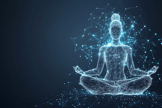 Glowing wireframe of a person in a meditative pose, symbolizing peace and spirituality in a digital world