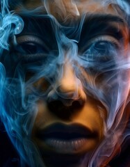 Obraz premium A mesmerizing fusion of realism and abstraction, depicting a hyper-detailed face emerging from swirling, colorful smoke, creating a dreamlike and surreal atmosphere.