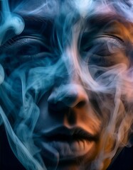 A mesmerizing fusion of realism and abstraction, depicting a hyper-detailed face emerging from swirling, colorful smoke, creating a dreamlike and surreal atmosphere.