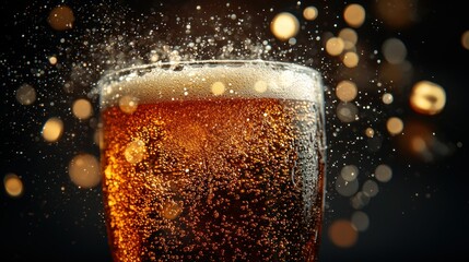 Fizzy drink bubbling in glass, bokeh background, beverage ad