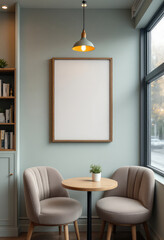 A cozy corner features a round wooden table with two beige armchairs, a white plant, and a white framed picture on a light blue wall, with a window offering a view of trees. A4 Frame Mockup