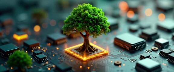 Tech eco integration. Green tree growing from microchip on circuit board. Glowing tech components. Innovative nature eco system. Digital nature. Sustainable future concept. Tech innovation.