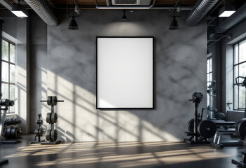 A large white poster hangs on a gray wall in a gym, flanked by two black dumbbells and a black weight bench. A4 Frame Mockup