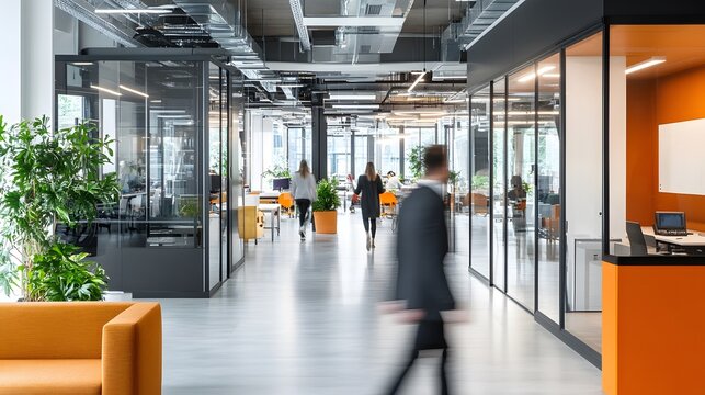 Bright business workplace with people in walking in blurred motion in modern office space - Powered by Adobe