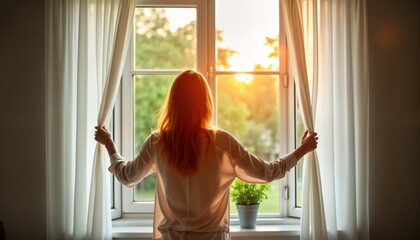 Woman opens window curtains in cozy home room. Enjoys morning light, fresh air. Relaxing weekend at home. Happy, peaceful moment. New day begins. Attractive woman looks at garden view. Indoor scene.