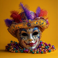 A glittery carnival mask with colorful beads on a bright yellow background. Great for Mardi Gras, celebration, or festive themes.