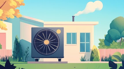 Obraz premium Illustration of an airtoair heat pump designed for cooling or heating a home powered by renewable energy and featuring an outdoor unit