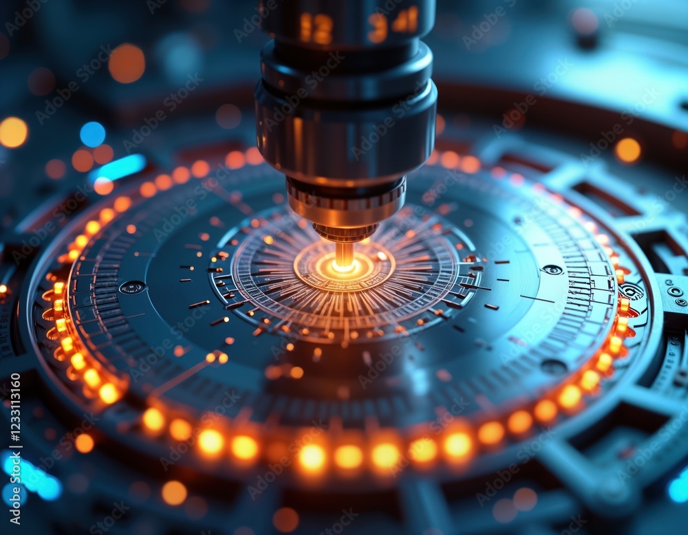 Poster futuristic tech manufacturing process. high-tech robotic arm performs precision operation. advanced 