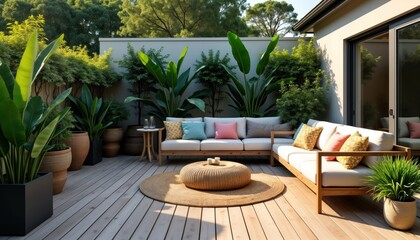 Obraz premium Stylish outdoor terrace area with cozy furniture, green plants. Stylish wooden deck with comfortable seating. Relaxing atmosphere for home back yard. Sunny spot in home backyard perfect for relaxing.