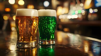 Close up shot of friends drinking at the pub for St.Patrick's day