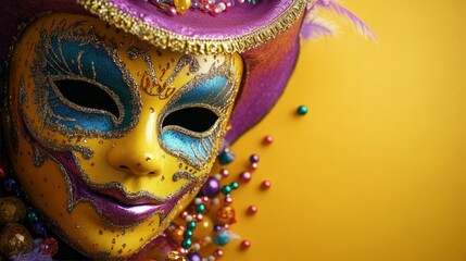 Obraz premium A glittery carnival mask with colorful beads on a bright yellow background. Great for Mardi Gras, celebration, or festive themes.