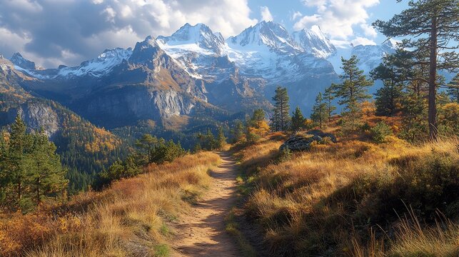 Mountain view a hiking trail with snow covered peaks perfect for adventure travel and nature exploration content