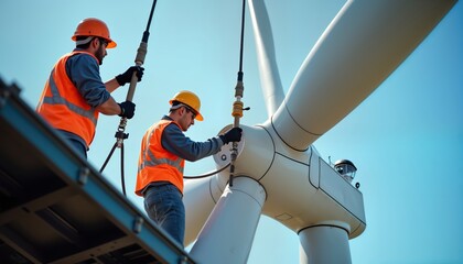 Technicians work on wind turbine blade using crane. Maintenance team performs precise adjustments. High tech eco energy project. Repair structure for renewable energy. Modern equipment. Eco-friendly