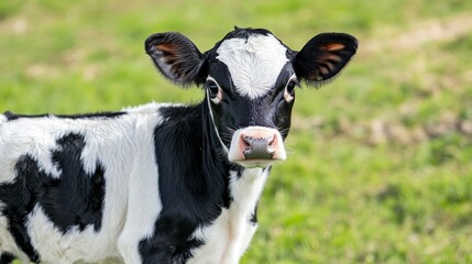 Adorable holstein calf standing in lush green pasture