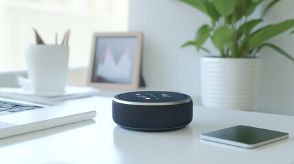 An advanced virtual assistant device with a modern interface in a clean, minimalist home office, showcasing sleek design and functionality