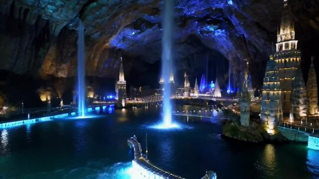 Surreal cave landscape. video with fountains and waterfalls.  Dazzling blue reflections on the water under glowing crystalline spires and bridges