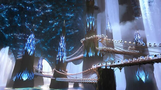 Magic fantasy dark elven realm video. Elegant bridges in adorned with glowing spheres and towers, surrounded by mist and waterfalls. Blue light, harmony and ethereal beauty