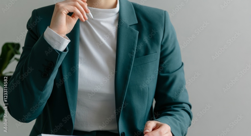 Canvas Prints A woman in a business suit is sitting at a desk with a pen in her hand