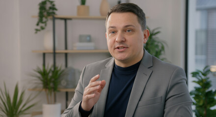 A man in a gray suit is talking to the camera