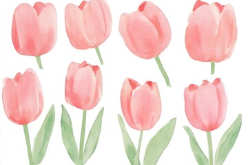 Obraz premium Watercolor pink tulips on white background with green leaves