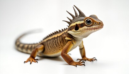 Obraz premium Horned lizard stands on white background. Reptile distinctive horns on head. Body shows varied patterns of brown, tan scales. Closeup photo of small lizard. Animal looks alert, curious. Perfect for