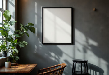 A gray wall with a white blank frame, a wooden table, and a black stool are arranged in a cozy corner, with a large potted plant on the left and a window on the right. A4 frame mockup