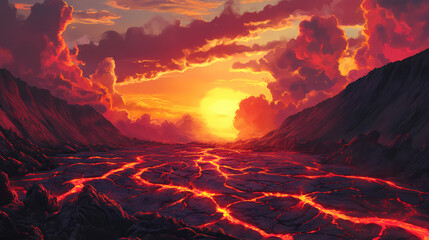 Lava flow with cracking surface under dramatic sunset sky. Lava Ridge. Illustration