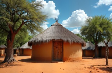 Traditional African village scene. Round huts with thatched roofs. Mud-colored walls show eco-friendly construction. Sunny day with partly cloudy sky. Indigenous architecture style in rural setting.