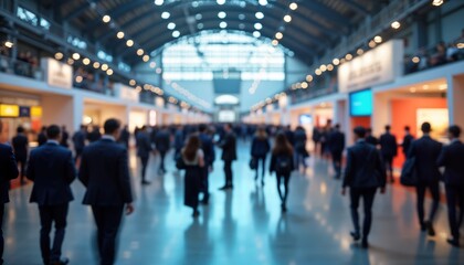 Large crowd fills an expo hall. People walk past trade show booths. Blurred view showcases busy business convention. International business event in progress. Expo center is filled with visitors.