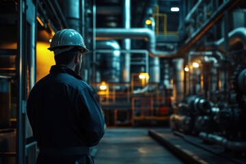 Obraz premium Industrial worker inspects machinery in dimly lit manufacturing facility at night