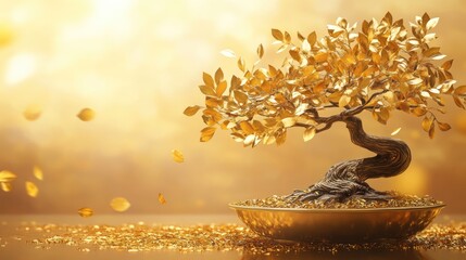 illustration of golden bonsai tree with gold leaves, idea for wealth and prosperity background wallpaper