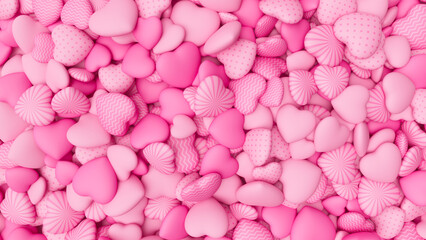 Light pink textured hearts background for Valentine's Day. Pile of hearts. Romantic backdrop. 3d render illustration