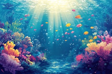 Fototapeta premium Vibrant Underwater Scene With Colorful Fish And Coral Reefs