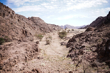 A wide view of rugged Saudi desert mountains under a bright sky, with rocky valleys and scattered trees shaping a serene natural landscape. A remote camping spot appears tucked between the cliffs.