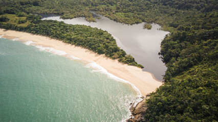 Aerial Drone Panoramic View of Lagoa Beach in Ubatuba, São Paulo, with Dark Waters, Sandstrip,...