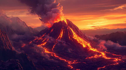 Volcano erupting with lava and smoke at sunset, dramatic natural landscape. Lava Ridge. Illustration